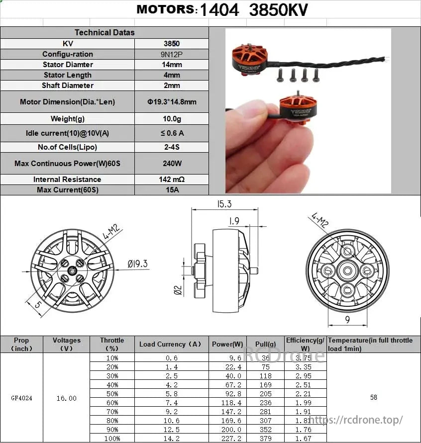 YSIDO 1404 3850KV / 4650KV Brushless Motor, YSIDO 1404 3850KV motor: 9N12P, 14mm stator, 4mm length, 2mm shaft, 10g weight, 240W power, 15A current. Diagrams show dimensions and performance.