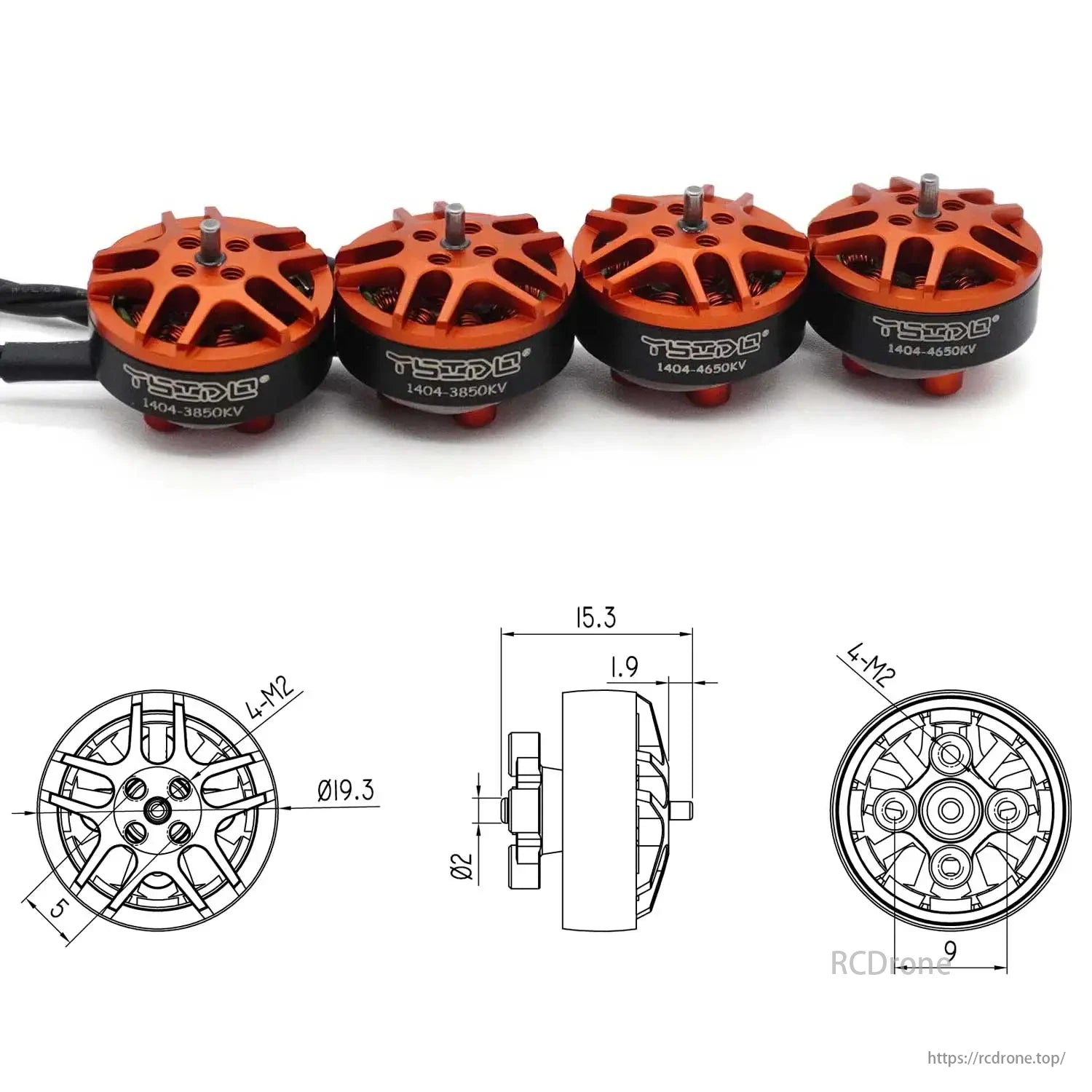 YSIDO 1404 3850KV / 4650KV Brushless Motor, YSIDO 1404 3850KV/4650KV brushless motor with orange design, including detailed dimensions and specifications for installation.