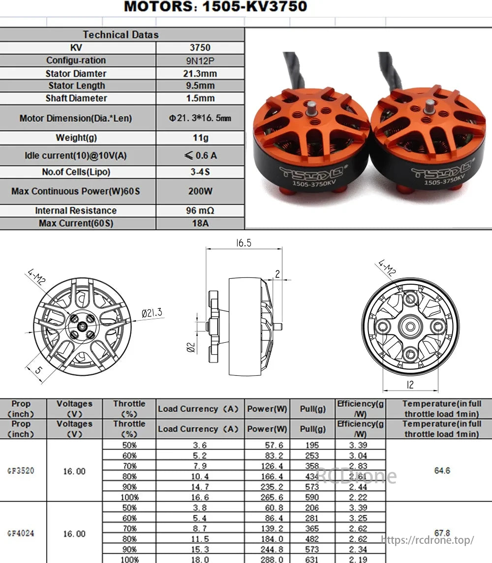 YSIDO 1505 2650KV 3750KV 3-6S Brushless Motor, YSIDO 1505 3750KV motor specs: KV 3750, 9N12P, 21.3mm diameter, 16.5mm length, 11g weight, 3-4S Lipo, 200W max power, 96mΩ, 18A max current. Includes performance data.