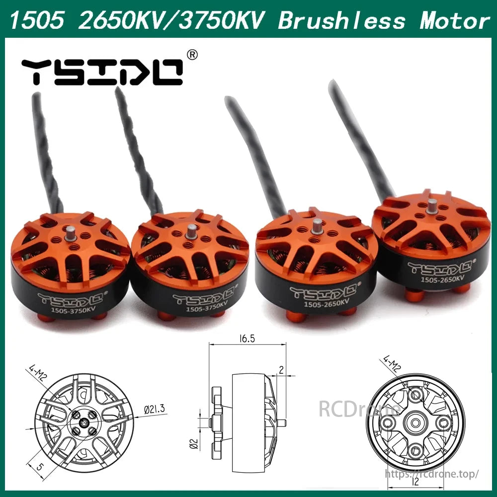 YSIDO 1505 2650KV 3750KV 3-6S Brushless Motor, YSIDO 1505 brushless motor, 2650KV/3750KV, 3-6S, orange/black. High-performance with detailed dimensions.