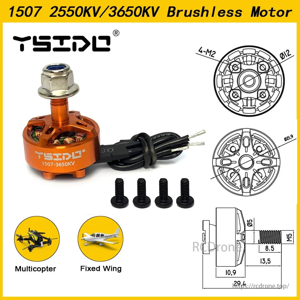 YSIDO 1507 2550KV 3650KV 3-6S Brushless Motor, YSIDO 1507 2550KV/3650KV brushless motor for multicopter and fixed-wing, with specs and mounting screws.