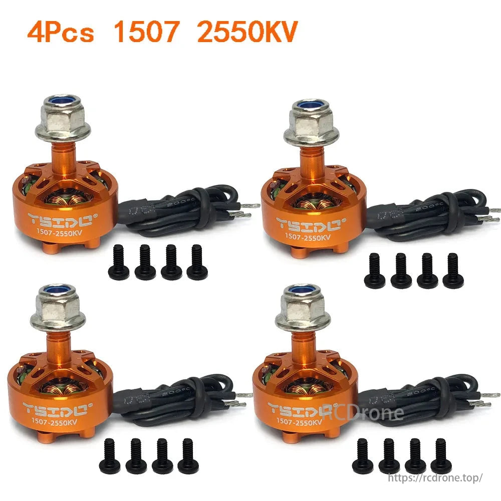YSIDO 1507 2550KV 3650KV 3-6S Brushless Motor, YSIDO 1507 2550KV brushless motors for FPV drones, orange design, hex nuts, screws. Pack of four with cables.