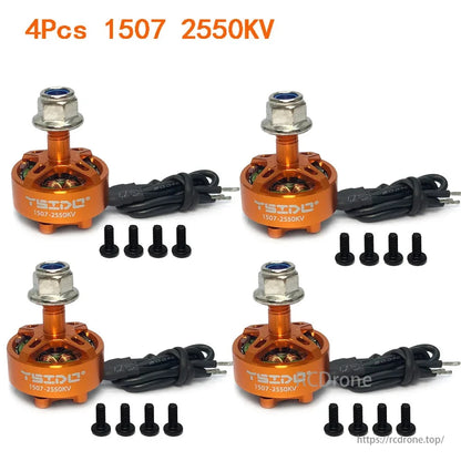 YSIDO 1507 2550KV 3650KV 3-6S Brushless Motor, YSIDO 1507 2550KV brushless motors for FPV drones, orange design, hex nuts, screws. Pack of four with cables.