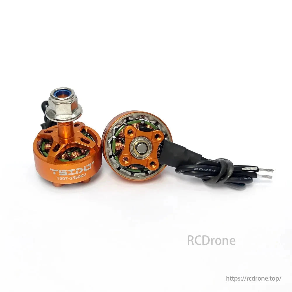 YSIDO 1507 2550KV 3650KV 3-6S Brushless Motor, YSIDO 1507 2550KV brushless motor for 3-4 inch FPV racing drones, orange casing, black wiring.