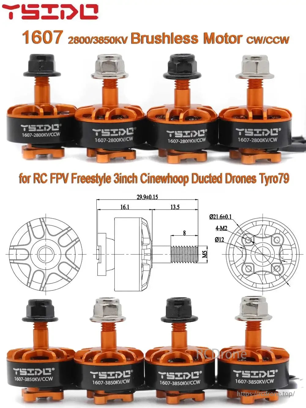 YSIDO 1607 2800KV 3850KV 2–4S Brushless Motor, YSIDO 1607 brushless motor for FPV drones, CW/CCW, compact. Ideal for 3-inch Cinewhoop builds with enhanced power and efficiency.