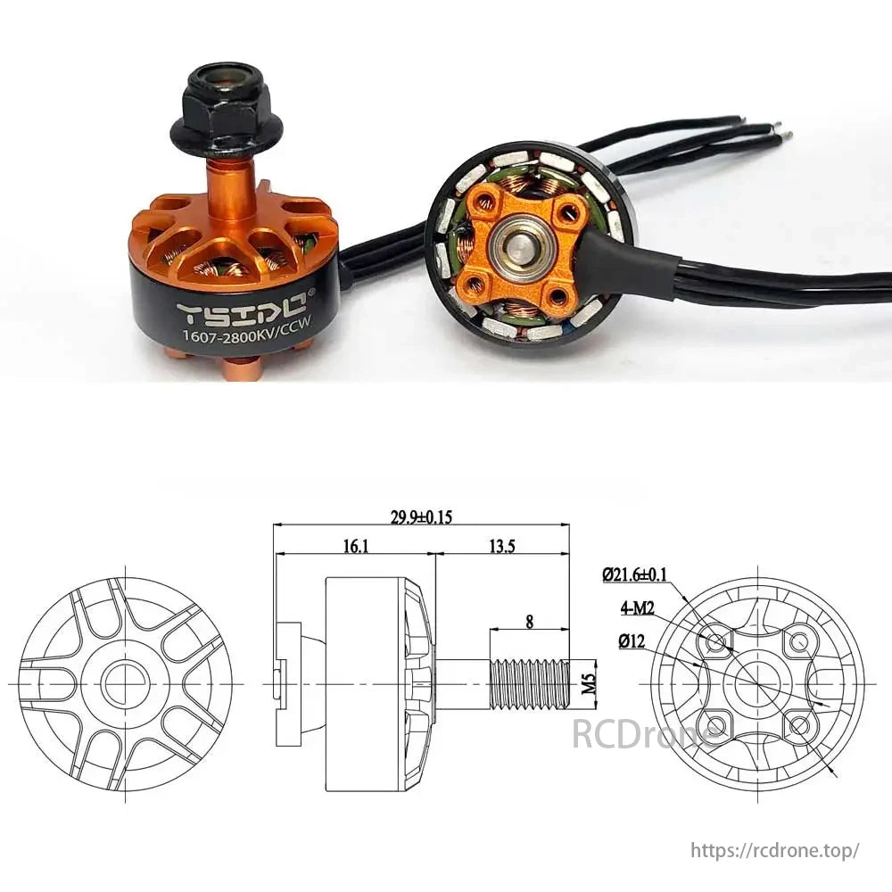 YSIDO 1607 2800KV 3850KV 2–4S Brushless Motor, YSIDO 1607 2800KV brushless motor with dimensions and specifications.
