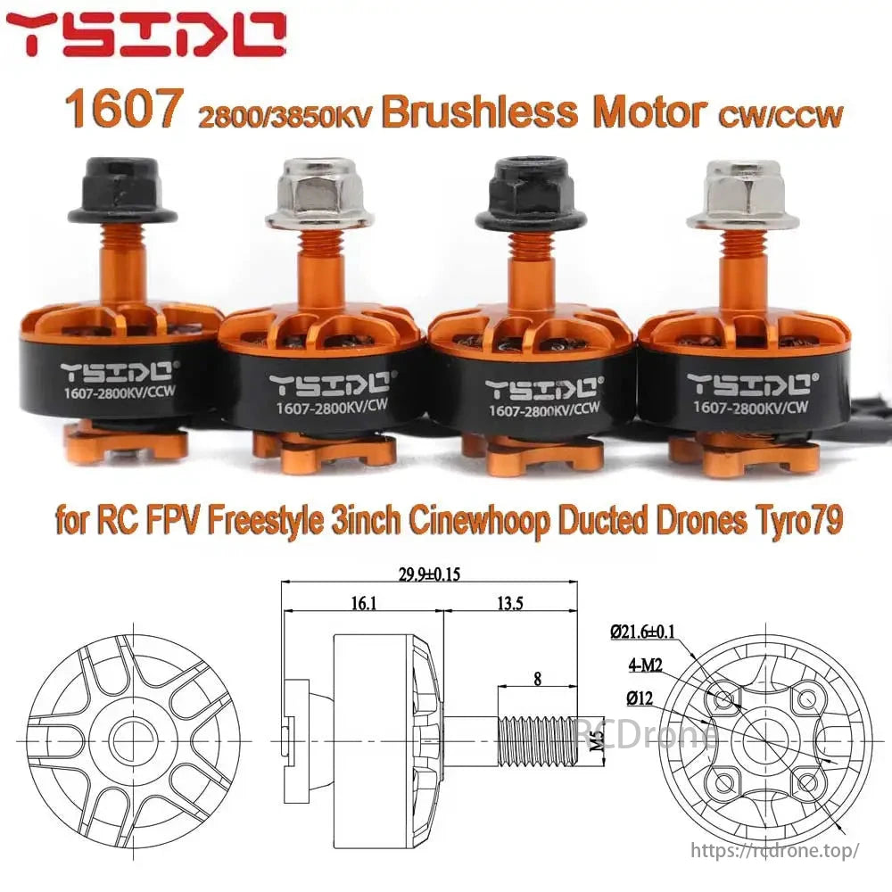 YSIDO 1607 2800KV 3850KV 2–4S Brushless Motor, YSIDO 1607 brushless motors for RC FPV drones, with CW/CCW configs, M5 shafts, and specs suited for high-performance 2-4S builds.
