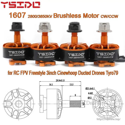 YSIDO 1607 2800KV 3850KV 2–4S Brushless Motor, YSIDO 1607 brushless motors for RC FPV drones, with CW/CCW configs, M5 shafts, and specs suited for high-performance 2-4S builds.