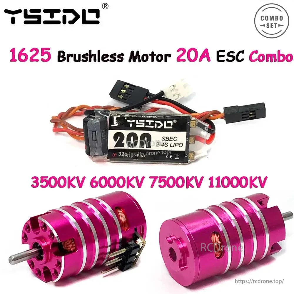 YSIDO 1625 Brushless Motor, YSIDO 1625 brushless motor and 20A ESC combo, 3500–11000KV, 2.0mm shaft, includes S-BEC and LiPo support, for 1/24–1/28 RC cars.