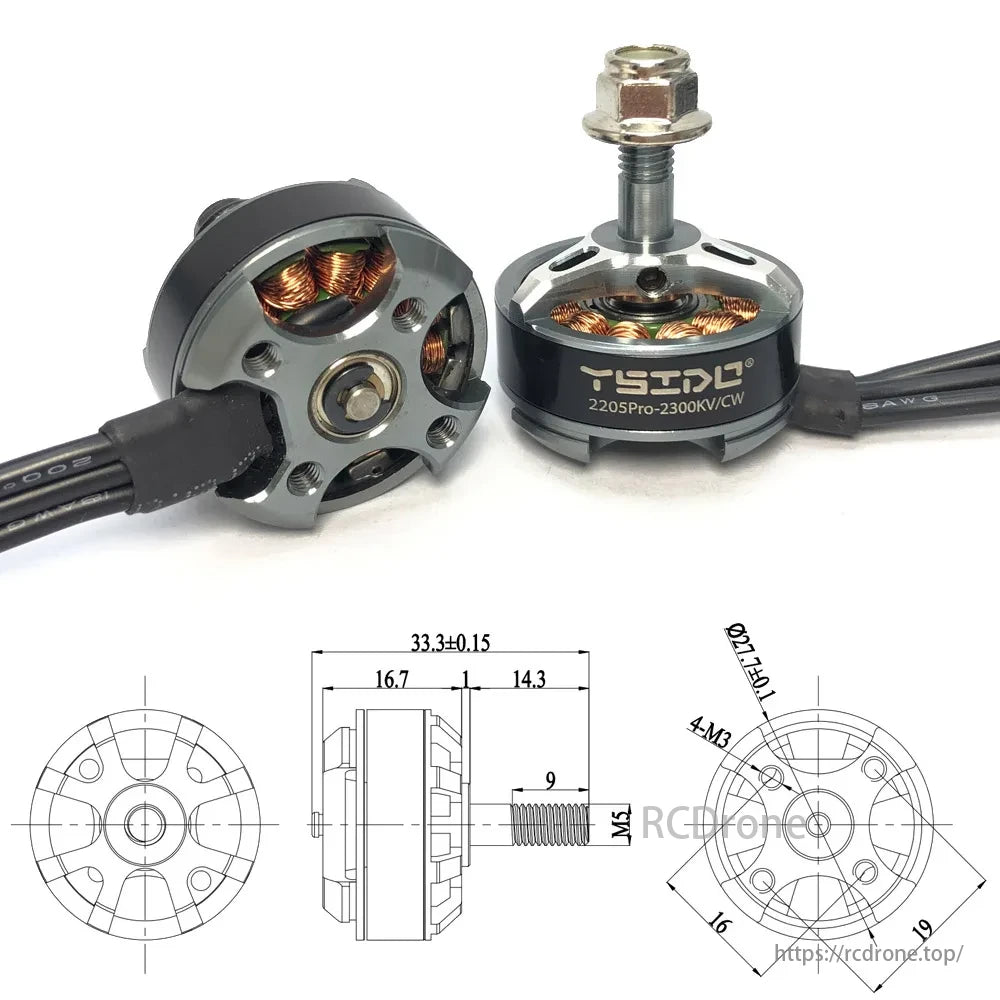 YSIDO 2205PRO 2300KV 2-4S Brushless Motor, YSIDO 2205Pro-2300KV/CW brushless motor specifications and dimensions for drone use.