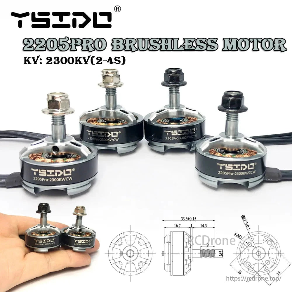 YSIDO 2205PRO 2300KV 2-4S Brushless Motor, YSIDO 2205PRO brushless motor, 2300KV, CW/CCW, for 2-4S FPV racing drones like QAV250/X210. Compact with detailed specs.