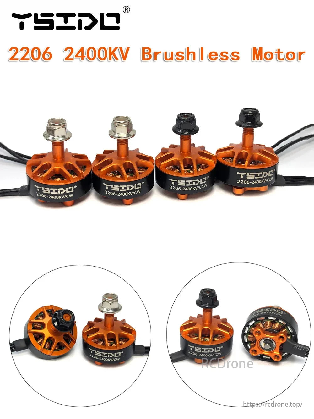 YSIDO 2206 2400KV 5 Inch Brushless Motor, YSIDO 2206 2400KV brushless motor for 5-inch FPV drones, orange/black design, 2-6S compatible, CW/CCW versions, ideal for freestyle and racing.