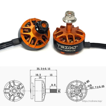 YSIDO 2206 2400KV 5 Inch Brushless Motor, YSIDO 2206 2400KV brushless motor for FPV racing drones, with detailed dimensions.