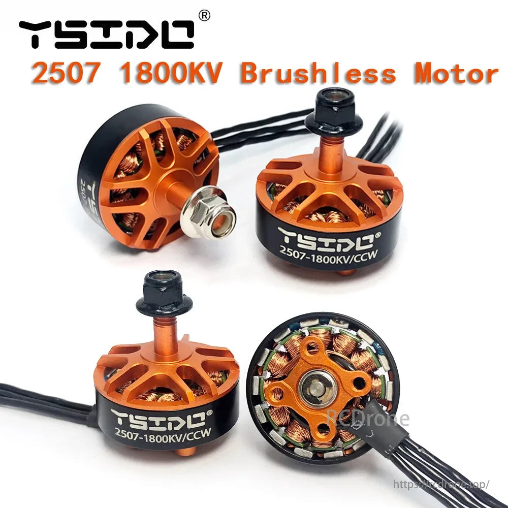YSIDO 2507 1800KV 3-6S Brushless Motor, YSIDO 2507 1800KV brushless motor, compatible with 3-6S batteries, features orange and black design.