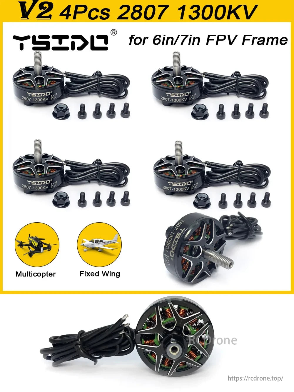 YSIDO 2807 V2 1300KV Brushless Motor, YSIDO 2807 V2 motors for 6in/7in FPV frames, include cables/hardware, suit multicopters/fixed-wing, offer robust performance, ideal for FPV projects.
