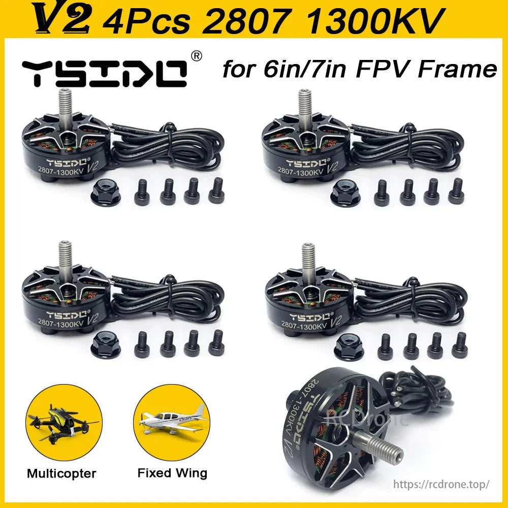 YSIDO 2807 V2 1300KV Brushless Motor, YSIDO 2807 V2 1300KV motors, 4 pieces, are robust, high-performance brushless motors for 6-7 inch FPV drones, offering efficient freestyle flight and long-range capabilities with secure attachment screws.