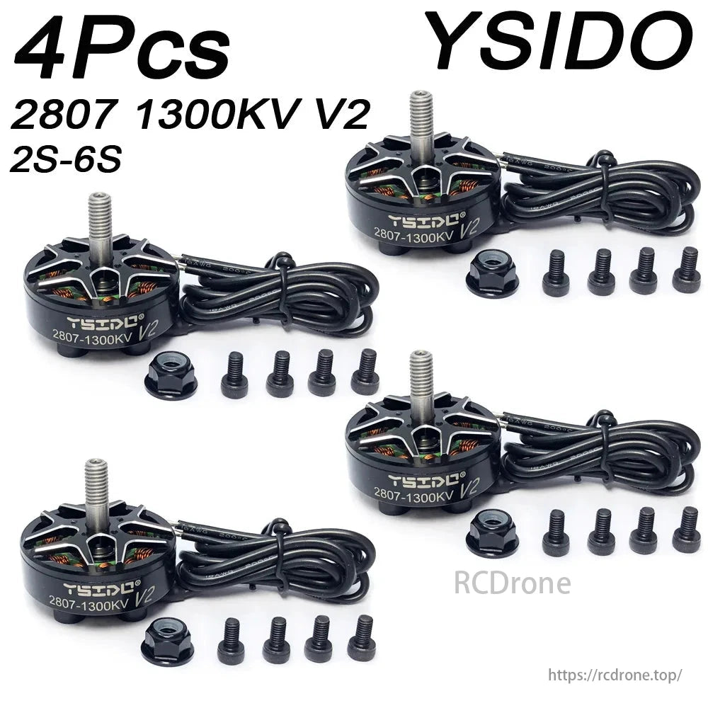YSIDO 2807 V2 1300KV Brushless Motor, YSIDO 2807 V2 motors, 4 pieces, for 6-7 inch FPV drones. High performance, efficiency. Ideal for freestyle and long-range multicopters. Includes motors, cables, nuts, bolts.