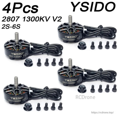 YSIDO 2807 V2 1300KV Brushless Motor, YSIDO 2807 V2 motors, 4 pieces, for 6-7 inch FPV drones. High performance, efficiency. Ideal for freestyle and long-range multicopters. Includes motors, cables, nuts, bolts.