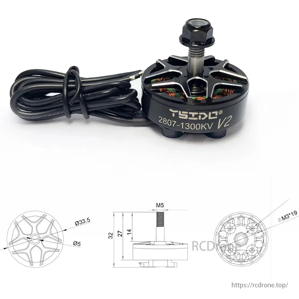 YSIDO 2807 V2 1300KV Brushless Motor, YSIDO 2807 V2 1300KV brushless motor for FPV drones, including detailed dimensions.