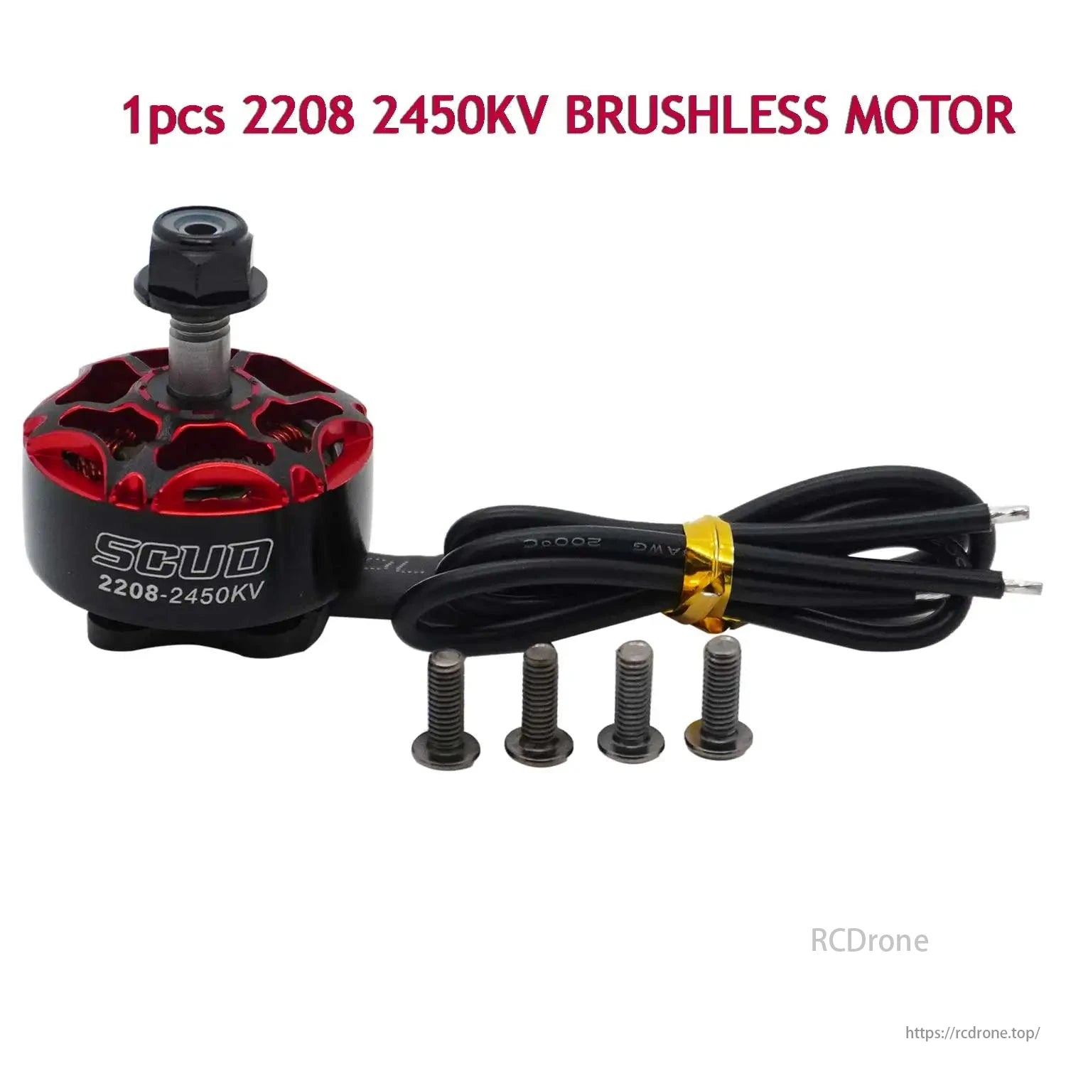 YSIDO SCUD 2208 2450KV brushless motor for RC FPV drone, includes screws and wires.