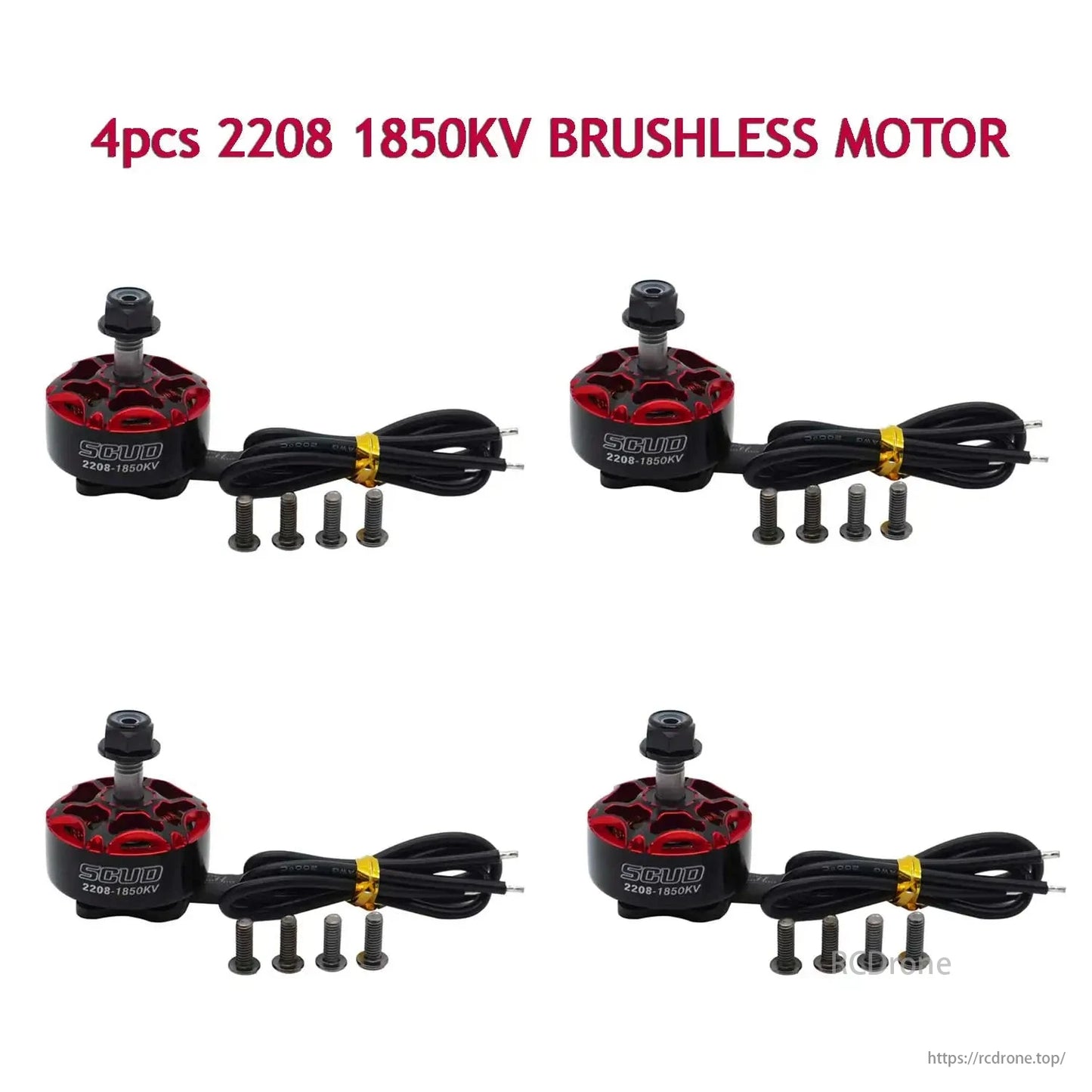 YSIDO SCUD 2208 1850KV brushless motor for RC FPV drones and 5-inch fixed-wing airplanes, with cables and screws included.