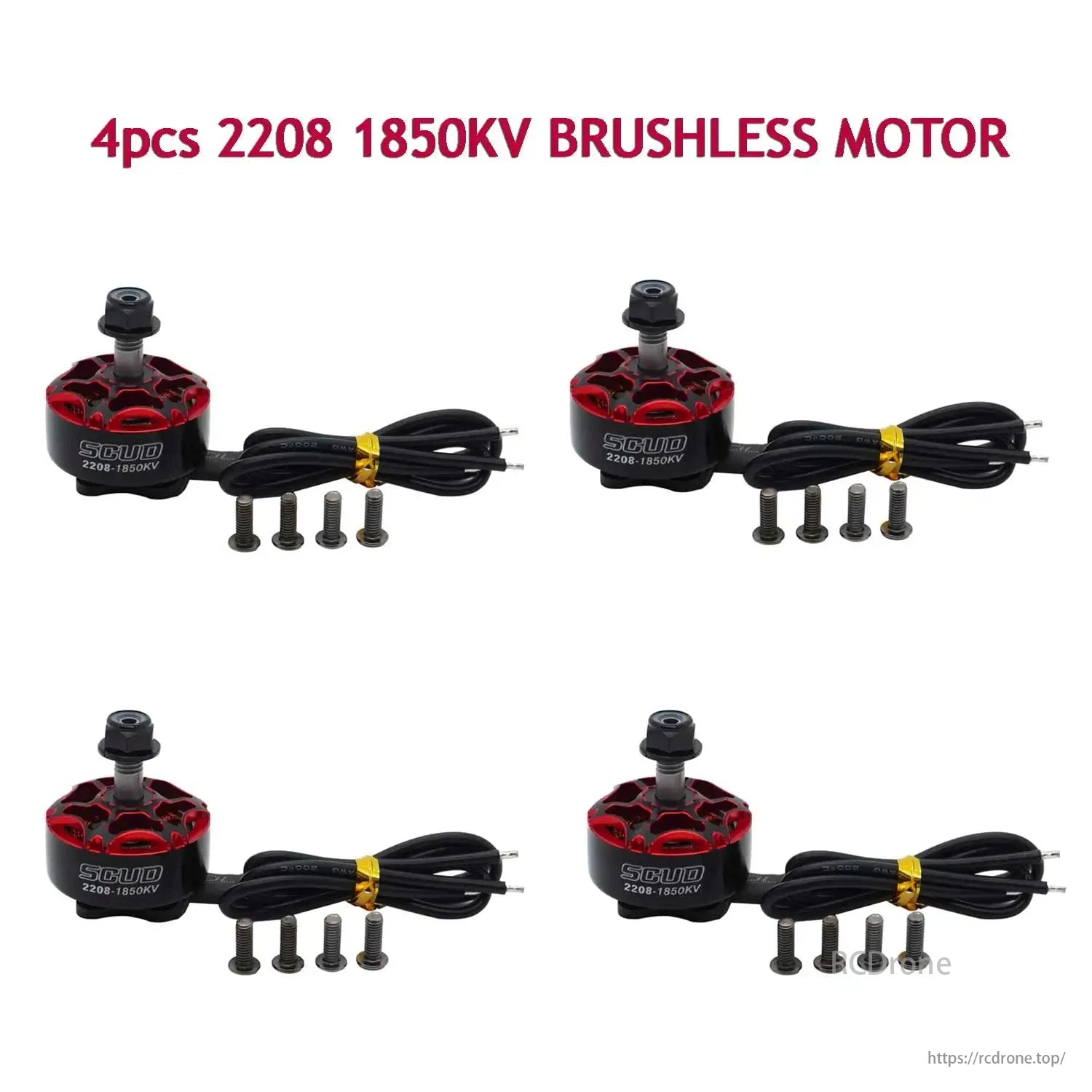 YSIDO SCUD 2208 1850KV brushless motor for RC FPV drones and 5-inch fixed-wing airplanes, with cables and screws included.