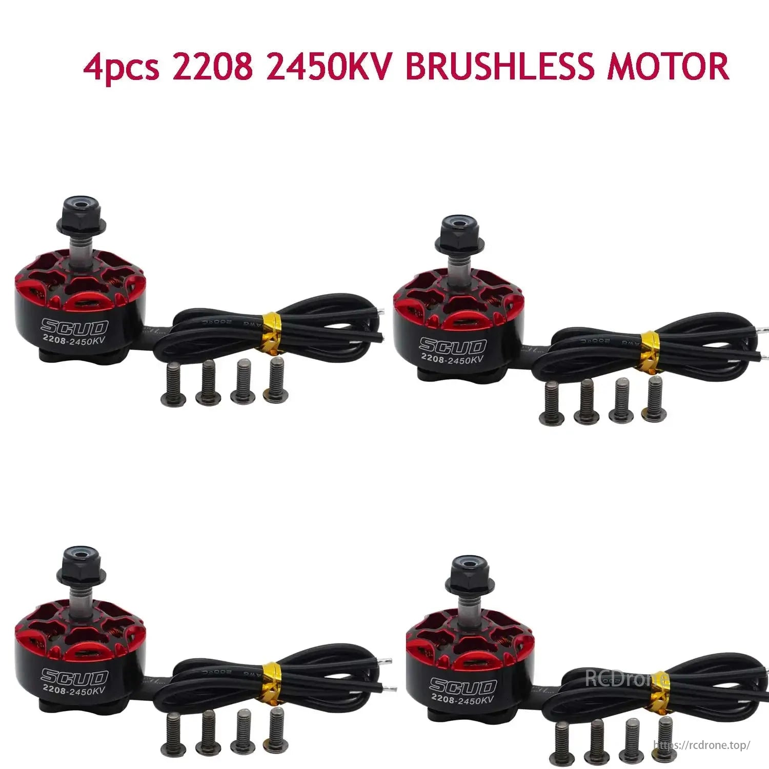 YSIDO SCUD 2208 2450KV brushless motor for 5-inch RC FPV drones, includes four motors with cables and screws, compact design for efficient performance.