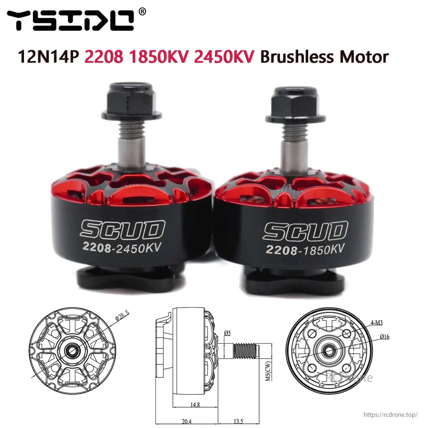 YSIDO SCUD 2208 brushless motor, 1850KV/2450KV, designed for 5-inch RC FPV drones and fixed-wing airplanes, with detailed specifications and dimensions provided.