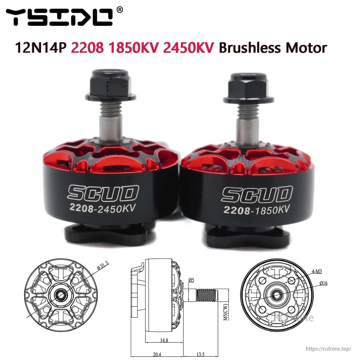 YSIDO SCUD 2208 brushless motor, 1850KV/2450KV, designed for 5-inch RC FPV drones and fixed-wing airplanes, with detailed specifications and dimensions provided.
