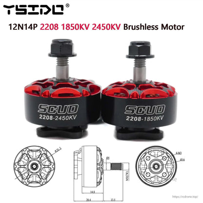 YSIDO SCUD 2208 brushless motor, 1850KV/2450KV, designed for 5-inch RC FPV drones and fixed-wing airplanes, with detailed specifications and dimensions provided.