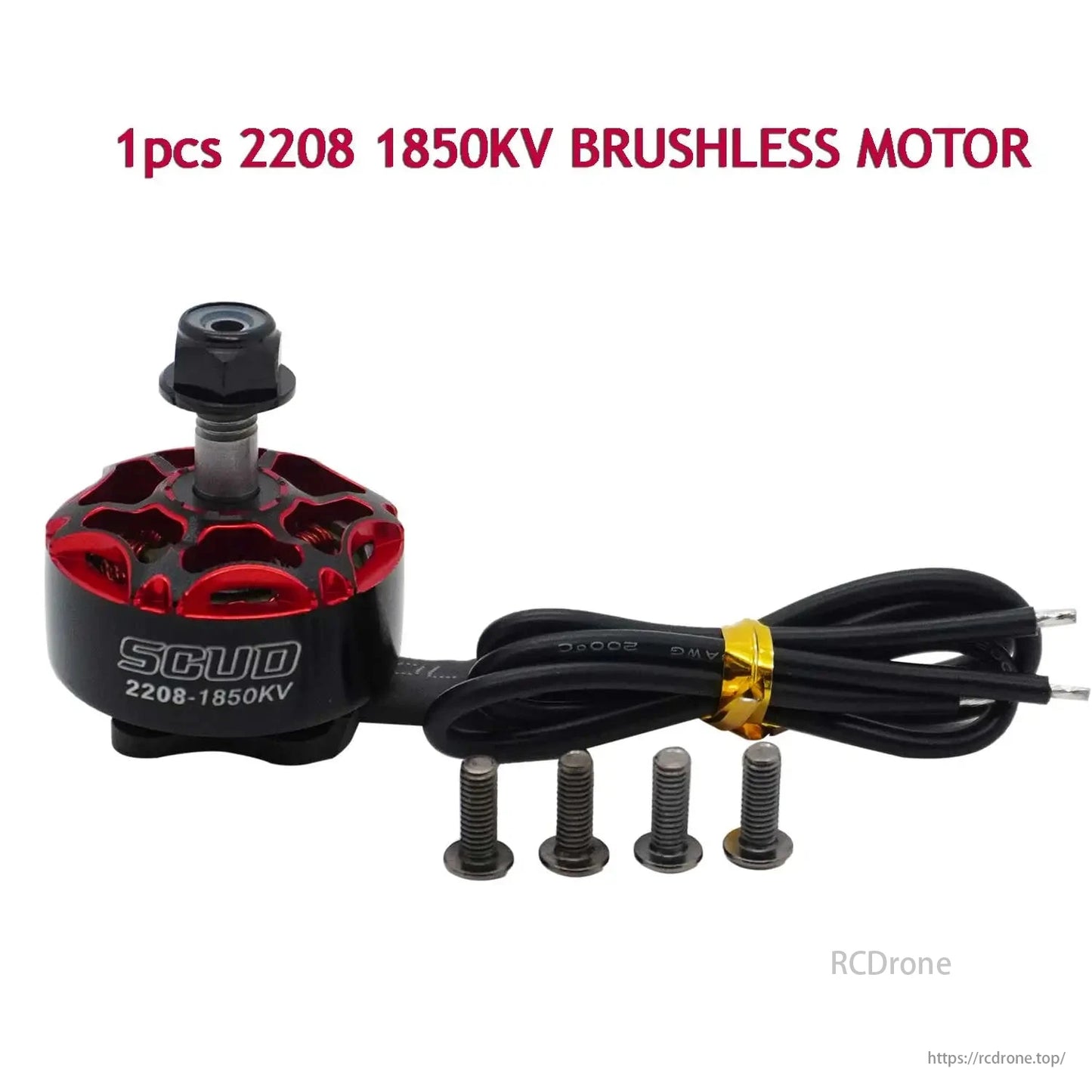YSIDO SCUD 2208 1850KV brushless motor for RC FPV drone, includes screws and cables.