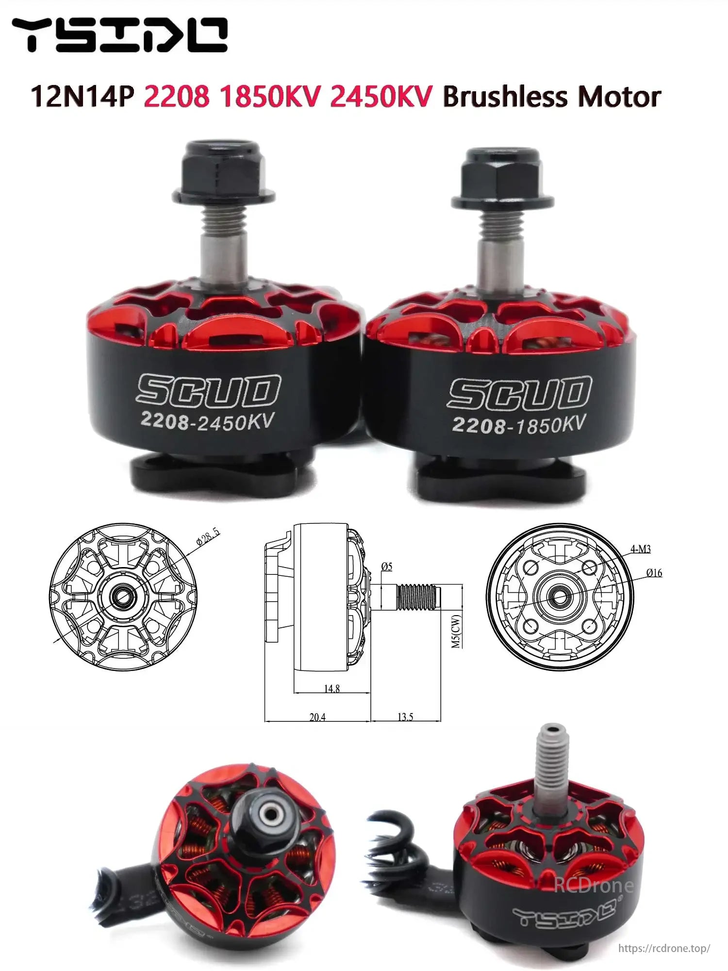 YSIDO Scud 2208 Motor, YSIDO Scud 2208 brushless motor, 12N14P, 1850KV/2450KV, features detailed specs and dimensions for drone performance.