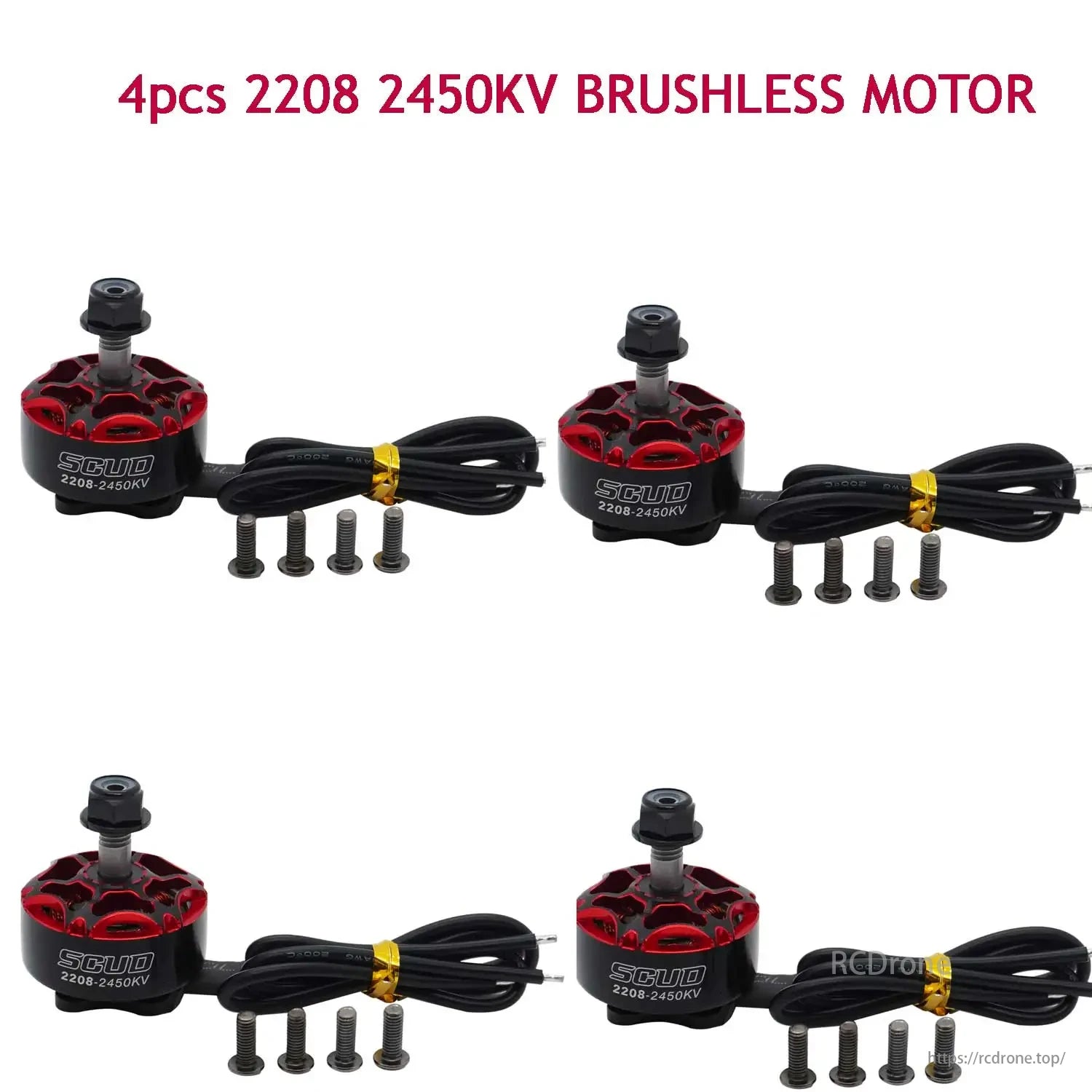 YSIDO Scud 2208 Motor, YSIDO Scud 2208 2450KV brushless motor set comprises four motors with cables and screws, ideal for high-performance use.