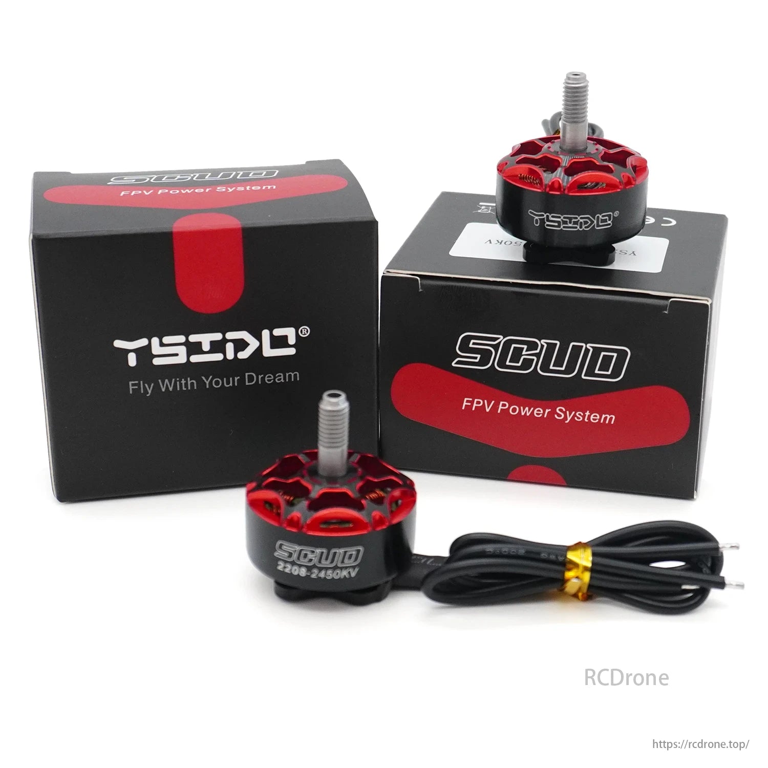 YSIDO Scud 2208 Motor, FPV Power System. Red and black design, included in packaging. Fly with your dream.