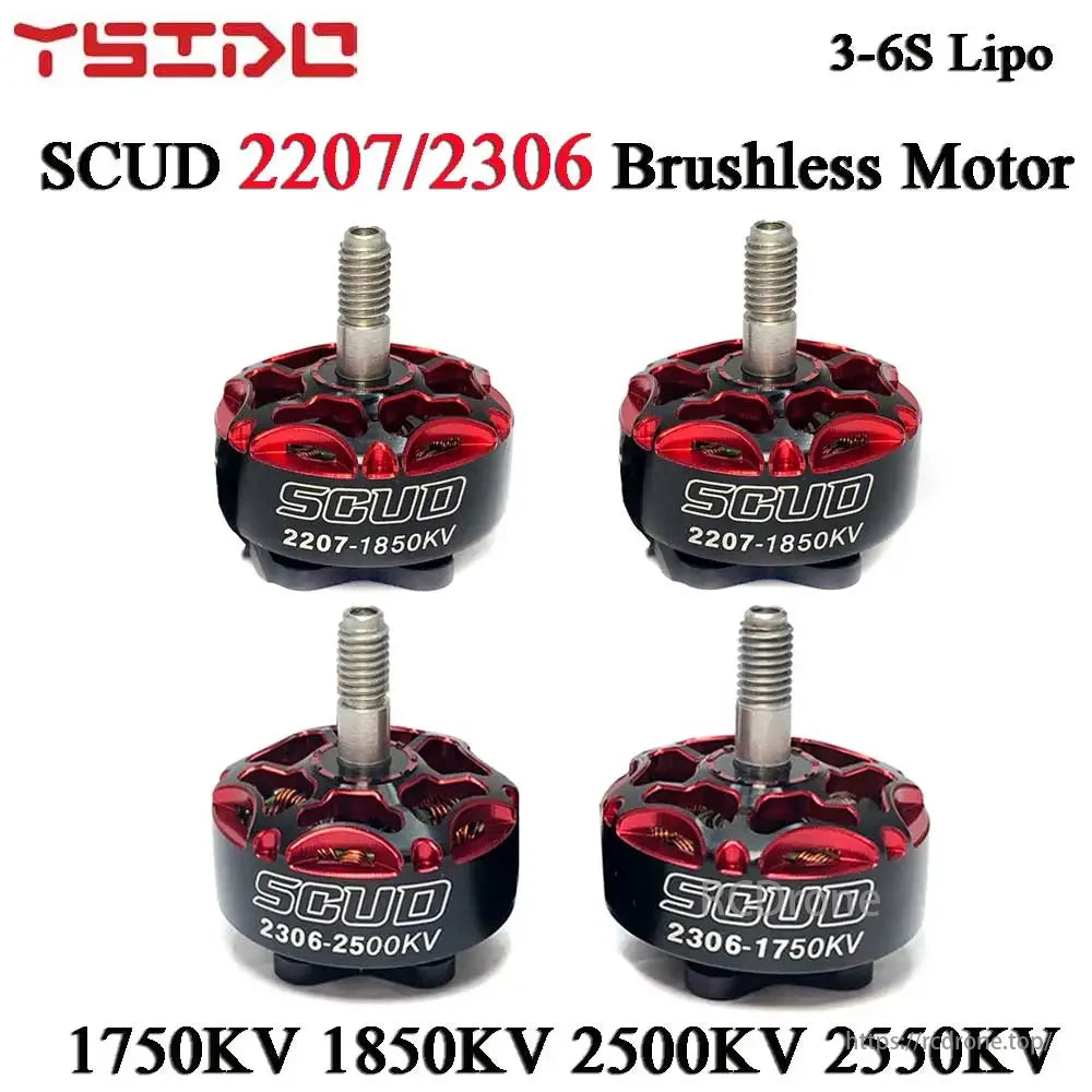 YSIDO Scud 3-6S Brushless Motor, YSIDO Scud 2207/2306 brushless motors, 3-6S Lipo, various KV ratings, compact high-performance design.
