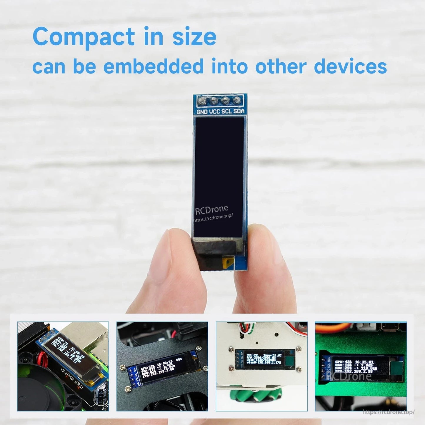 Compact 0.91 inch OLED display module held between fingers, showing slim size for embedded projects