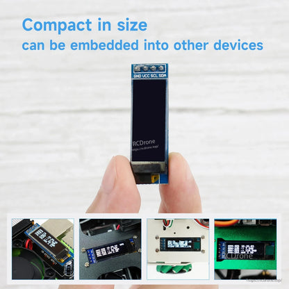 Compact 0.91 inch OLED display module held between fingers, showing slim size for embedded projects