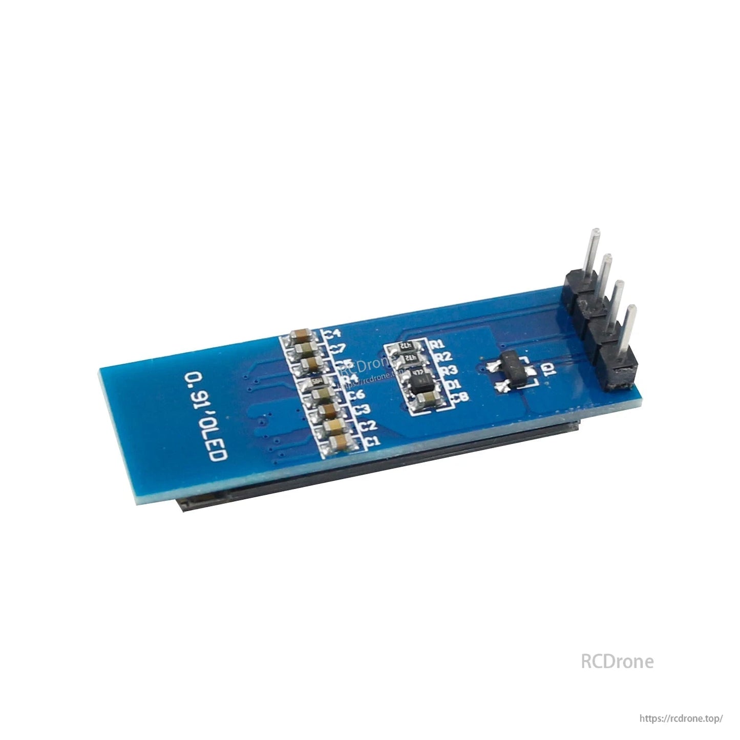 Rear PCB view of 0.91 OLED module showing solder pads, components, and 4-pin header connection