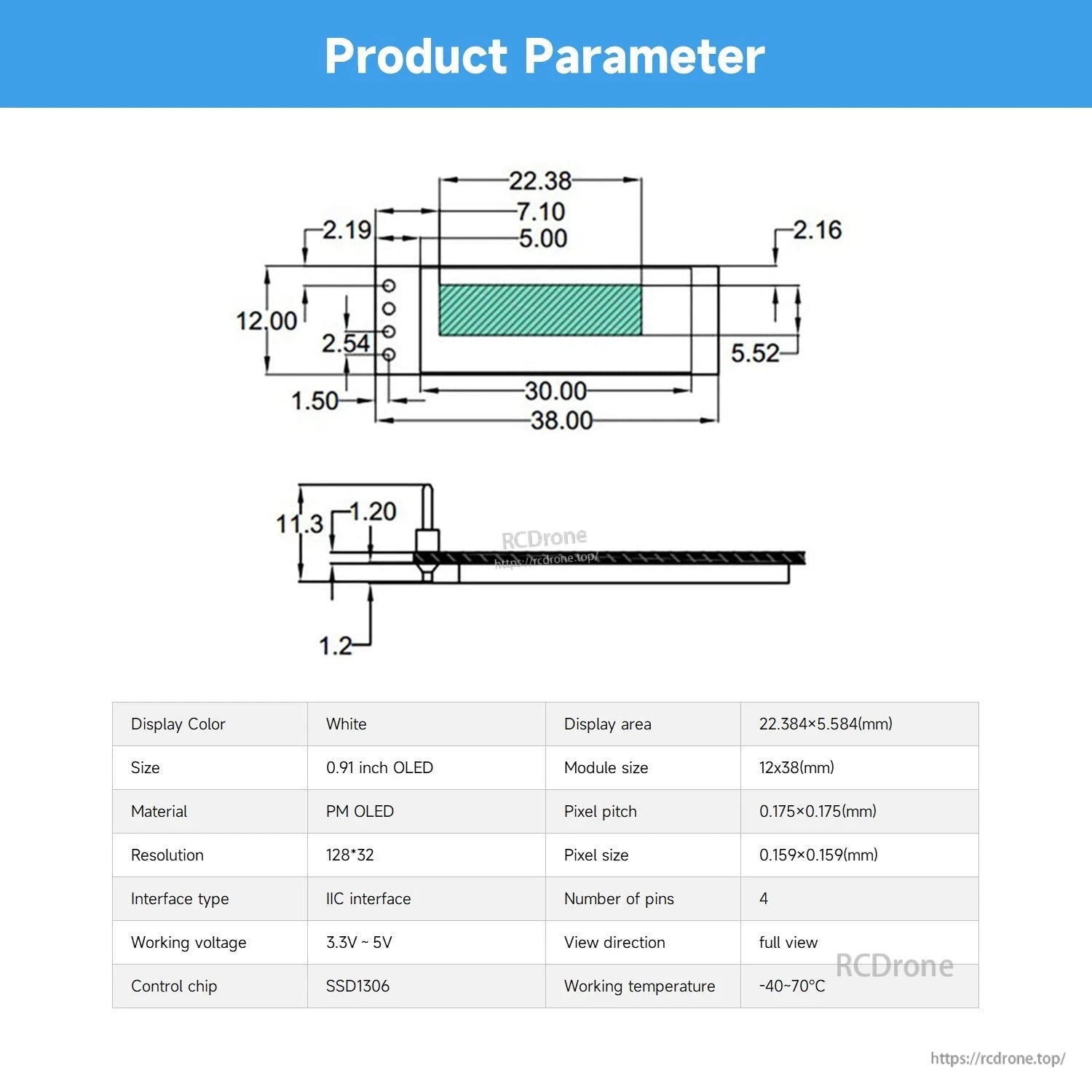 OLED module product parameters diagram with dimensions, 128x32 resolution, SSD1306 chip, 3.3–5V range