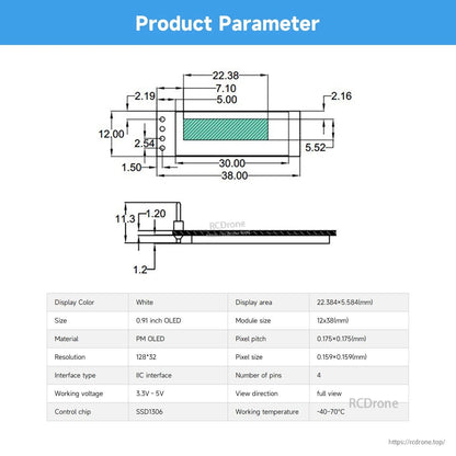 OLED module product parameters diagram with dimensions, 128x32 resolution, SSD1306 chip, 3.3–5V range