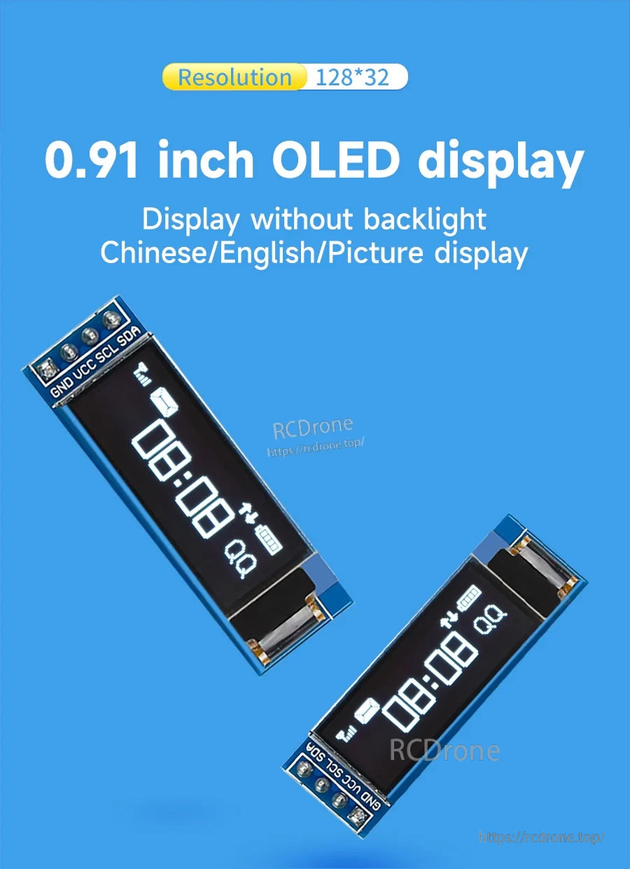 Yahboom 0.91 inch white OLED display module, SSD1306 I2C, 128×32 resolution, 4‑pin header