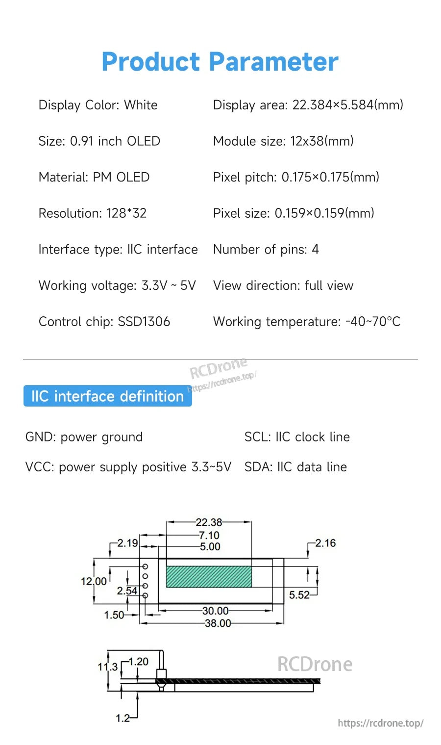 0.91 inch OLED module parameter sheet with 128×32 size, SSD1306 chip, 3.3–5V, and I2C pinout