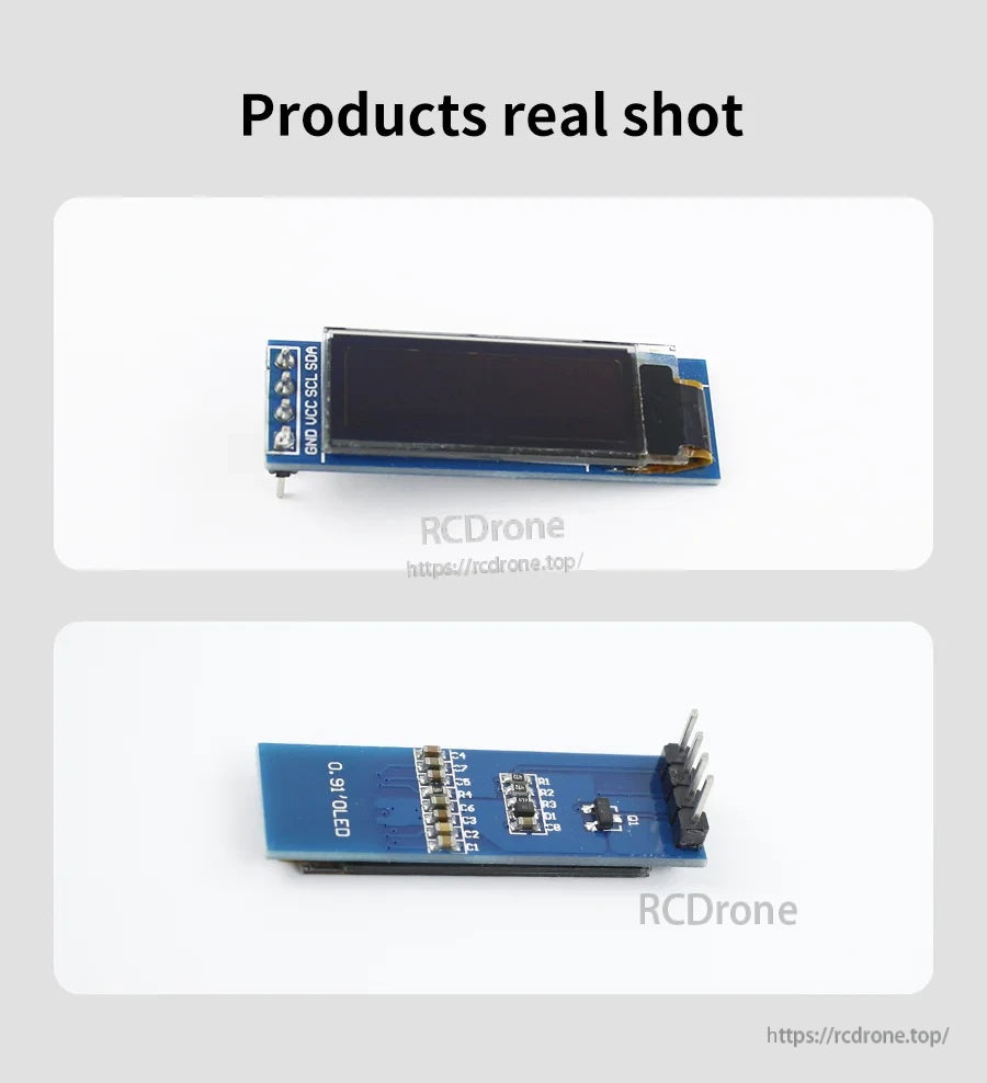 Real product photos of the 0.91 inch OLED module showing front display glass and back PCB with 4-pin I2C header