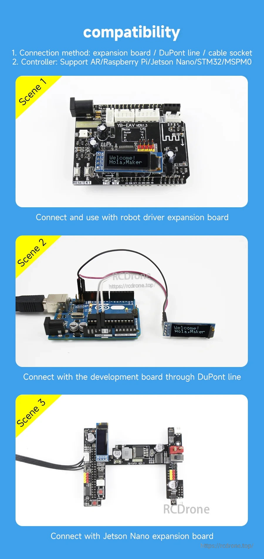 Compatibility chart showing OLED connected by DuPont wires to Arduino board, robot driver expansion board, and Jetson Nano board