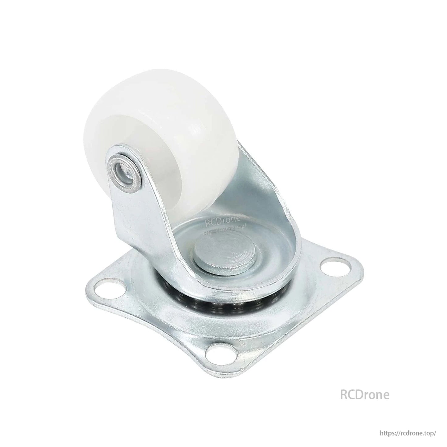 Angled front view of the universal caster wheel showing swivel base bearing plate and nylon wheel