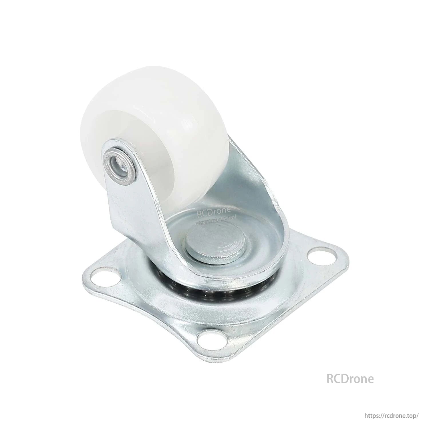 Angled front view of the universal caster wheel showing swivel base bearing plate and nylon wheel