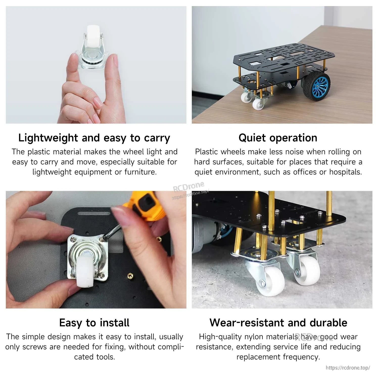 Feature collage: lightweight wheel, quiet rolling, easy installation with screws, wear-resistant nylon wheel