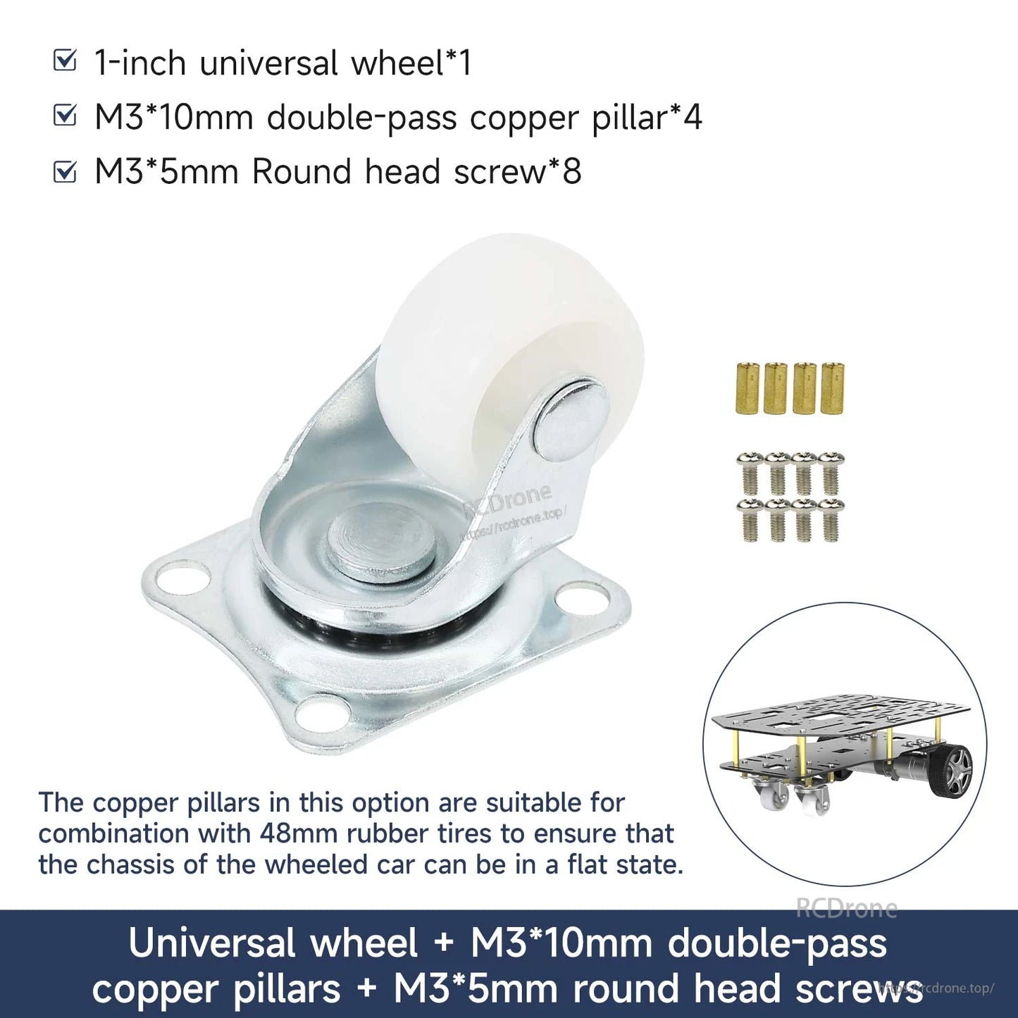 Package option: universal wheel with M3×10mm brass standoffs and M3×5mm round head screws (qty shown)