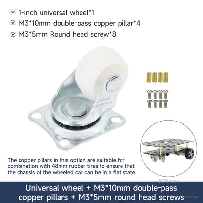 Package option: universal wheel with M3×10mm brass standoffs and M3×5mm round head screws (qty shown)