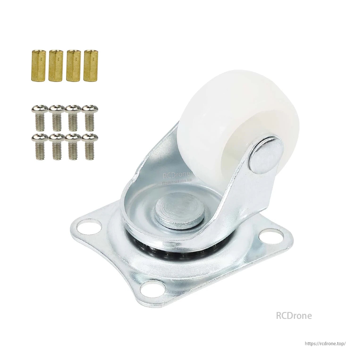 Universal caster wheel with mounting plate plus included brass standoffs and M3 screws on white background